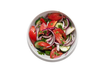 Isolated plate with vegetable salad of fresh tomatoes and cucumbers on white background