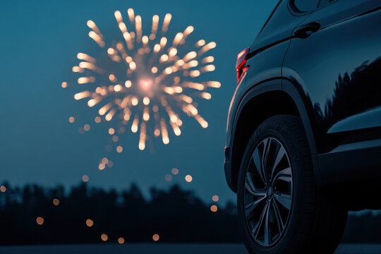 Suv parked near fireworks display at night