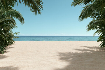 Obraz premium Palm trees casting shadows on tropical sandy beach with turquoise ocean