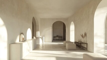 Fototapeta premium Sunlit Minimalist Interior: A Serene Hallway with Archways