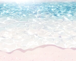 An anime-style white beach with glittering clear water, light blue waves, and shiny light pink sand