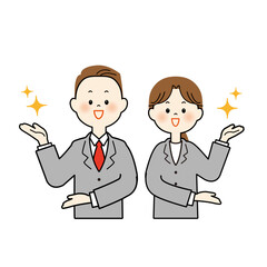 案内するスーツのキラキラ男女　上半身