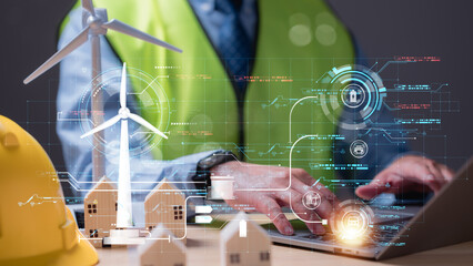Innovating Sustainable Energy Solutions, Professional analyzes sustainable energy projects using...