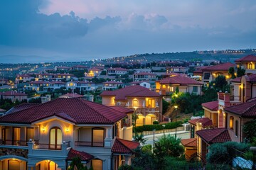A perfect neighbourhood, houses in suburb at summer, luxury houses with nice landscape.