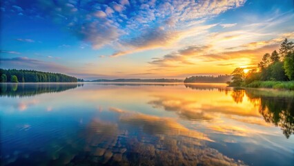 Fototapeta premium Panoramic view of a serene lake at sunrise, horizon, lake, horizon, lake, outdoor, natural beauty, calm, peaceful