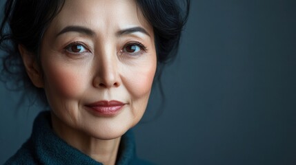 Obraz premium asia Before and after photos of a problematic face and healthy skin. Portrait of a Mature Asian Woman Against a Dark Background