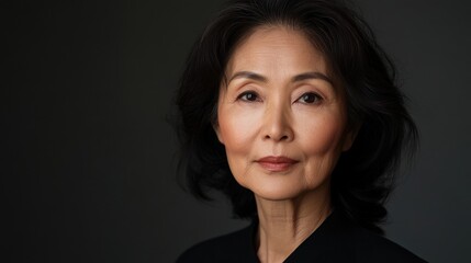 asia Before and after photos of a problematic face and healthy skin. Portrait of a Mature Asian Woman Against a Dark Background