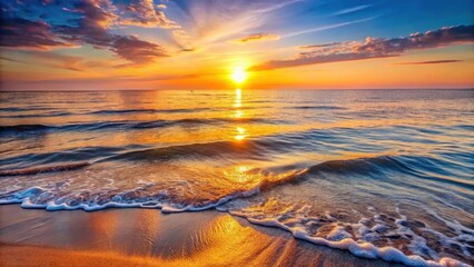 Fototapeta premium Golden Hour Serenity Ocean Waves Gently Kissing the Sandy Shore at Sunset