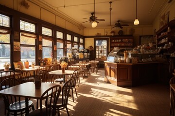Cozy caf? interior in daytime. Autumn colors outside windows. Available seating