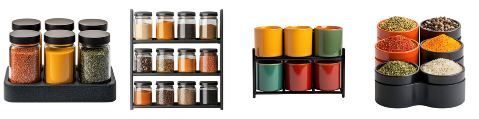 Assortment of various vibrant spices herbs and seasonings displayed in glass jars and containers on a modern shelving unit