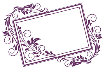  A square, ornate frame with a deep purple color. The frame is decorated with intricate, swirling patterns and floral designs on the corners. The frame is empty, with a plain white background. The s
