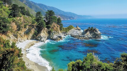 Obraz premium Secluded Cove Ocean Waves Crashing on Sandy Beach Coastal Cliffs and Lush Green Vegetation