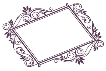  A square, ornate frame with a deep purple color. The frame is decorated with intricate, swirling patterns and floral designs on the corners. The frame is empty, with a plain white background. The s
