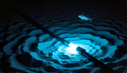 Futuristic glowing submarine cable junction on the seabed with soft sand and marine life