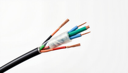 Cross-section of a data transmission cable revealing layers and core wires against white background