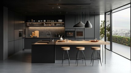 Fototapeta premium Modern Dark Kitchen with City View