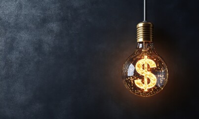 A glowing light bulb with a dollar sign illuminating a dark textured background, symbolizing wealth