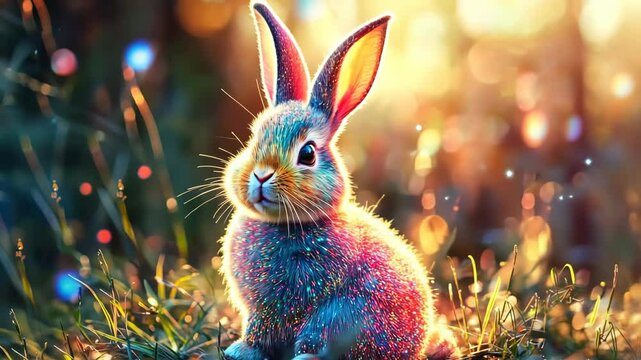 Vibrant Fantasy Rabbit in Sunlit Meadow. loop, looping,
