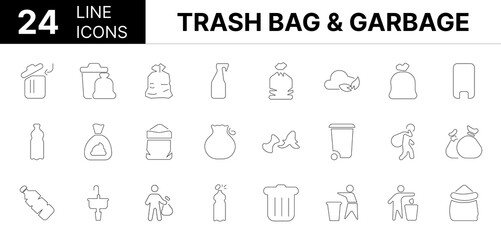 Collection of 24 Trash bag & garbage line icons featuring editable strokes. These outline icons depict various modes of Trash bag & garbage, Rubbish, disposal, pack, vector, kitchen, food, line, 