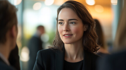 Professional businesswoman engaged in conversation at a corporate networking event. Business communication and leadership concept