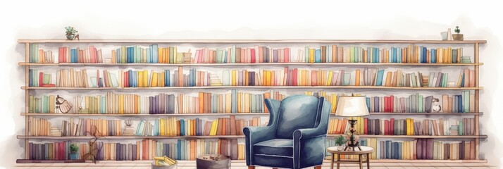 Cozy room with blue chair and bookcase background. Illustration for reading and learning concept