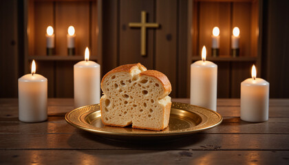 Holy Communion bread on golden paten illuminated by candlelight inside a church