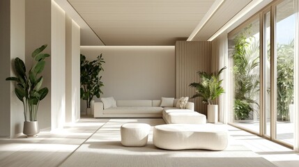 Fototapeta premium Serene Minimalist Living Room Design: Modern Beige Interior with Lush Greenery