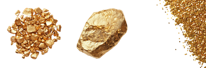 Closeup shot of several irregular shaped gold nuggets and glittering mineral deposits embedded within a natural rock surface  The precious metal pieces and crystalline formations have a raw