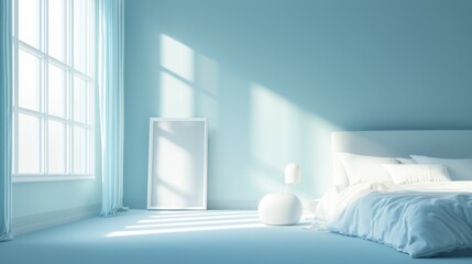 Fototapeta premium Serene Blue Bedroom: Minimalist Interior Design