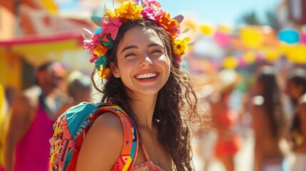 Fototapeta premium Happy Woman Wearing Flower Crown at Festival