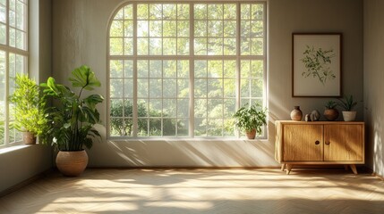 Fototapeta premium Minimalist Scandinavian Living Room Interior Design with Light Wood Floor and Large Windows