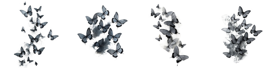 Dramatic monochrome swarm of fluttering butterflies forming an intricate abstract pattern against a dark background  The flock of delicate winged creatures creates a visually captivating