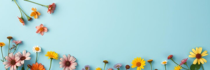 Colorful paper cut flowers in various shapes and sizes displayed on a blue backdrop with a blank space for custom text or images, above, blue, flowers