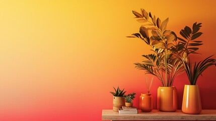 Obraz premium Warm-toned Home Decor with Plants in Orange Pots against Gradient Wall