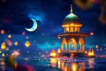 Obraz premium Night scene, ornate mosque, crescent moon, lanterns, celebration