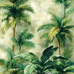 Watercolor Tropical Pattern with Palm Trees and Exotic Foliage in Soft Natural Lighting