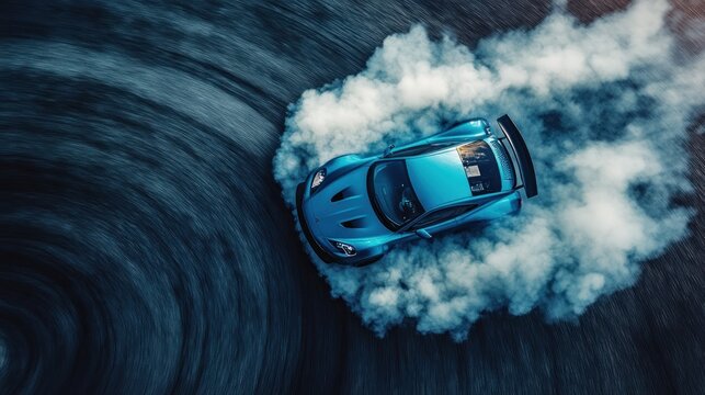 Blue sports car drifting on asphalt track, creating smoke, aerial view - Powered by Adobe