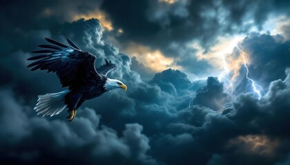 Fototapeta premium Majestic Eagle Soaring Through Dramatic Storm Clouds