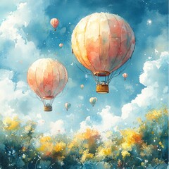 Fototapeta premium Watercolor Hot Air Balloon Pattern with Clouds Kites Cute Illustration for Kids Background Design