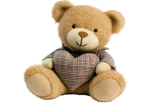 A teddy bear holding expressing love heart isolated on white background.