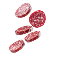 Isolated Assorted Pepperoni Slices Falling