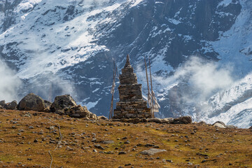 Ancient Stone Buddhist Stupa in the Himalayas. This image was captured during the Makalu base camp trek in Nepal.