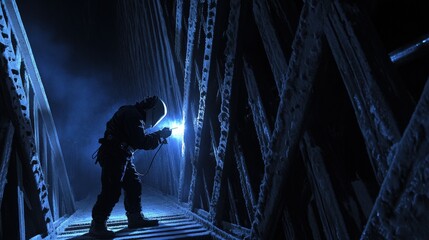 Fototapeta premium Worker inspecting a dark, industrial bridge at night with a flashlight illuminating the structure