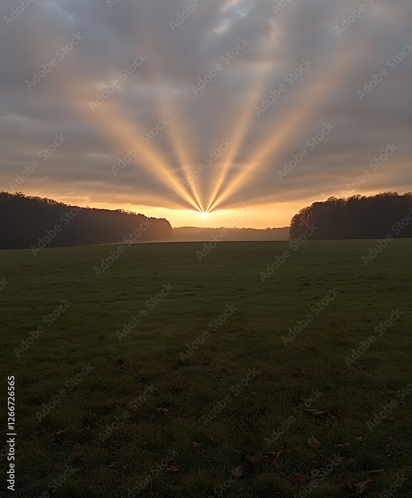 Poster a breathtaking sunrise casts rays of light across a tranquil landscape, illuminating a serene field 