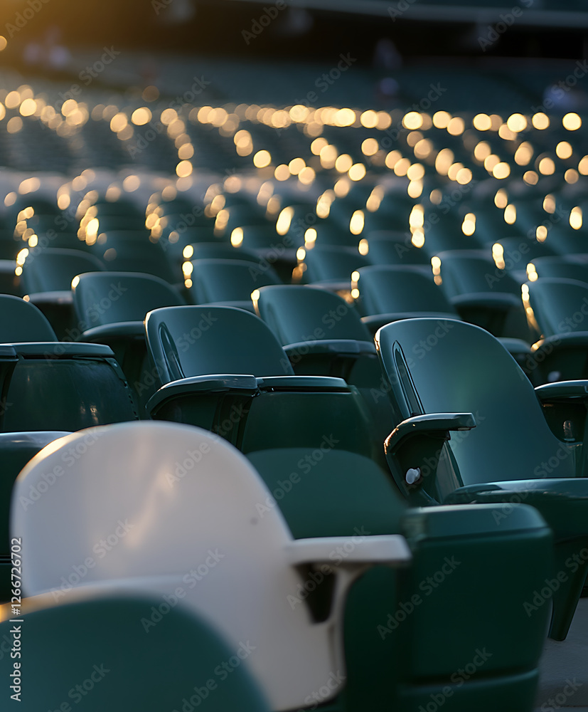 Poster a row of empty stadium seats glistening in the sunlight, creating a sense of anticipation for the ev
