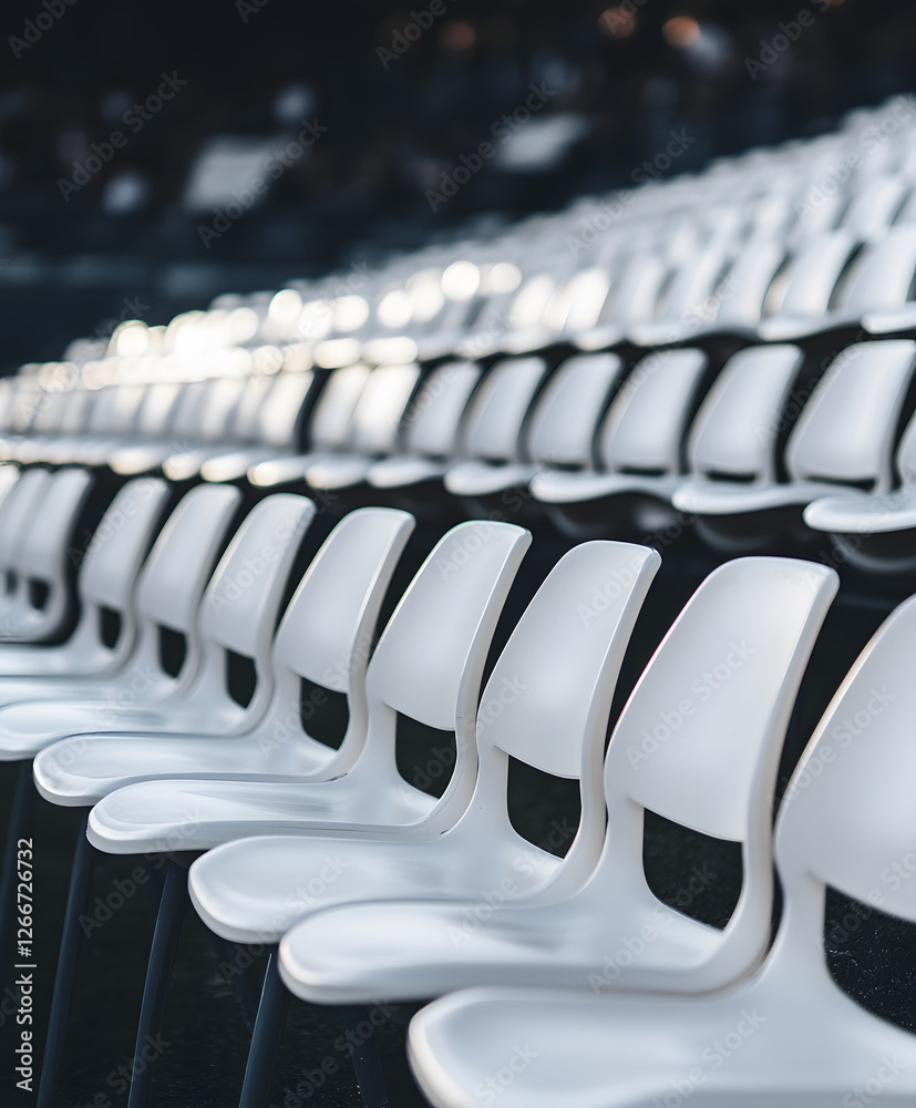 Poster A series of white chairs arranged in neat rows, creating a clean and minimalist aesthetic, suitable for events or gatherings