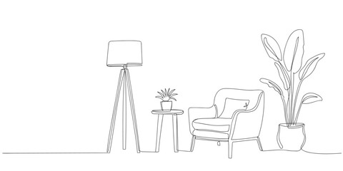 continuous line drawing showcases minimalist Scandinavian furniture, lamp and plant. Cozy corner with a modern chair and greenery in a minimalist setting.