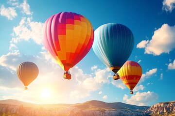 Fototapeta premium Hot air balloons flying over the mountains. Fantasy landscape.