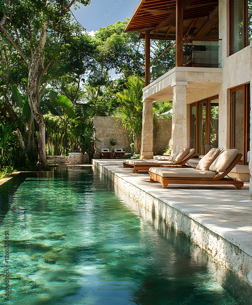 Poster a serene outdoor space featuring a luxurious pool, surrounded by lush greenery and modern architectu