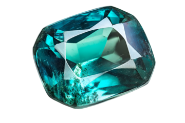 Close up of sparkling turquoise gem with facets isolated on white background..